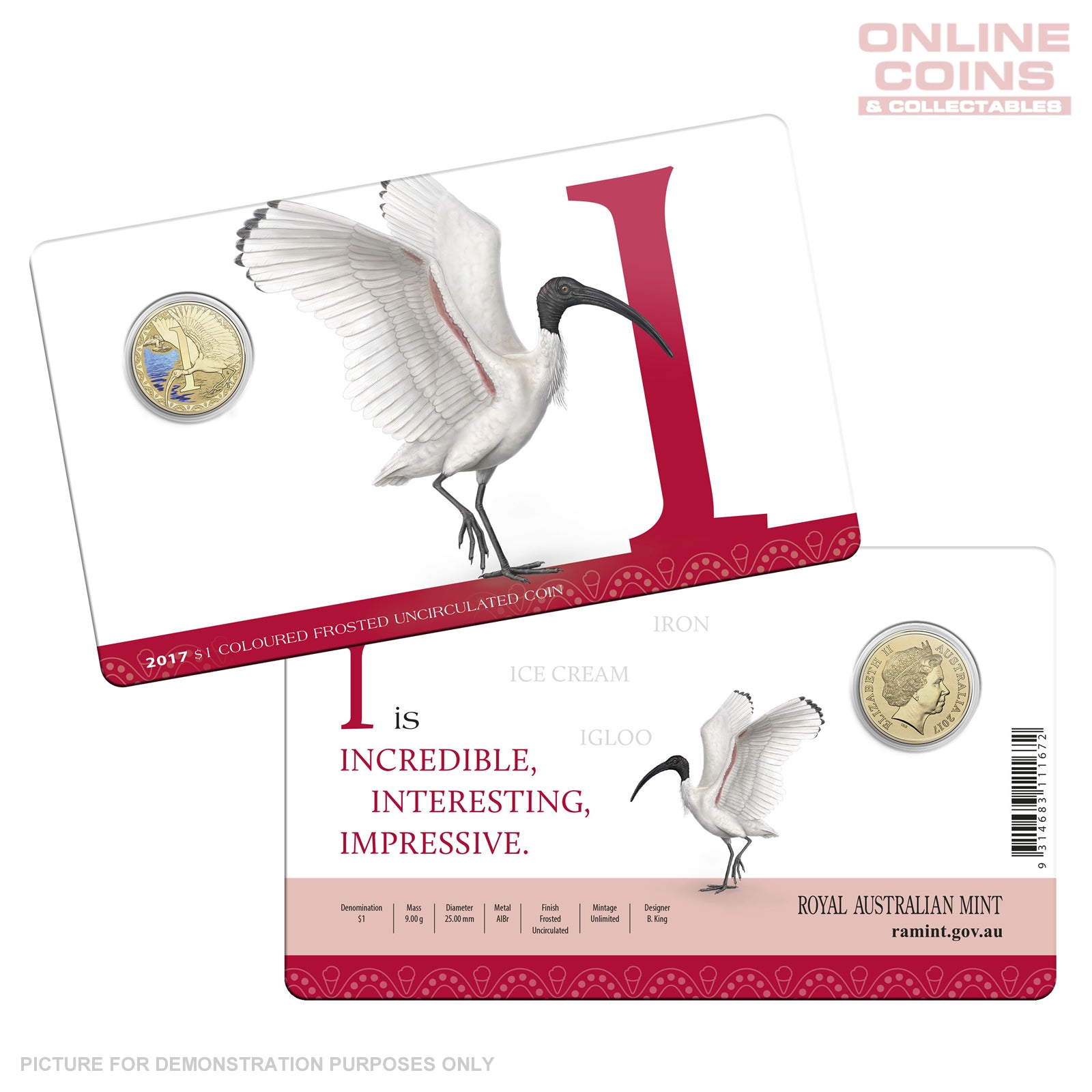 2017 $1 Coloured Alphabet Frosted Coin In Card - I For Ibis